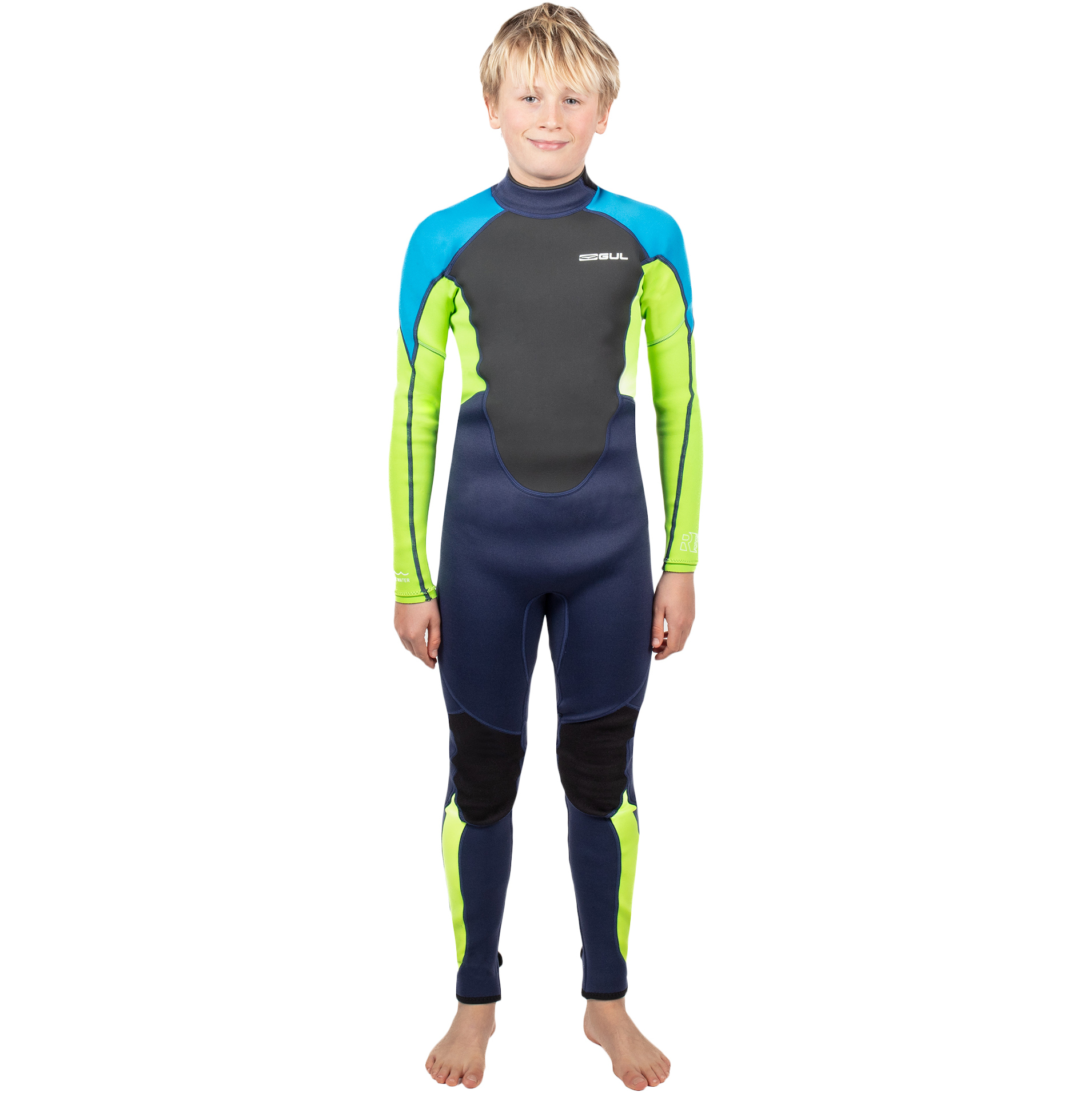 2025 Gul Junior Response 3/2mm Flatlock Back Zip Wetsuit RE1322-C1 - Navy / Lime